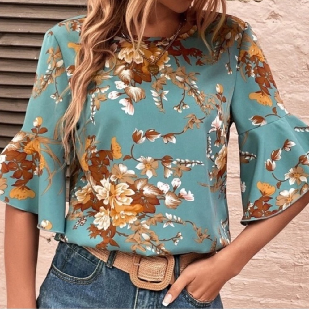 Teal Floral Blouse with Bell Sleeves